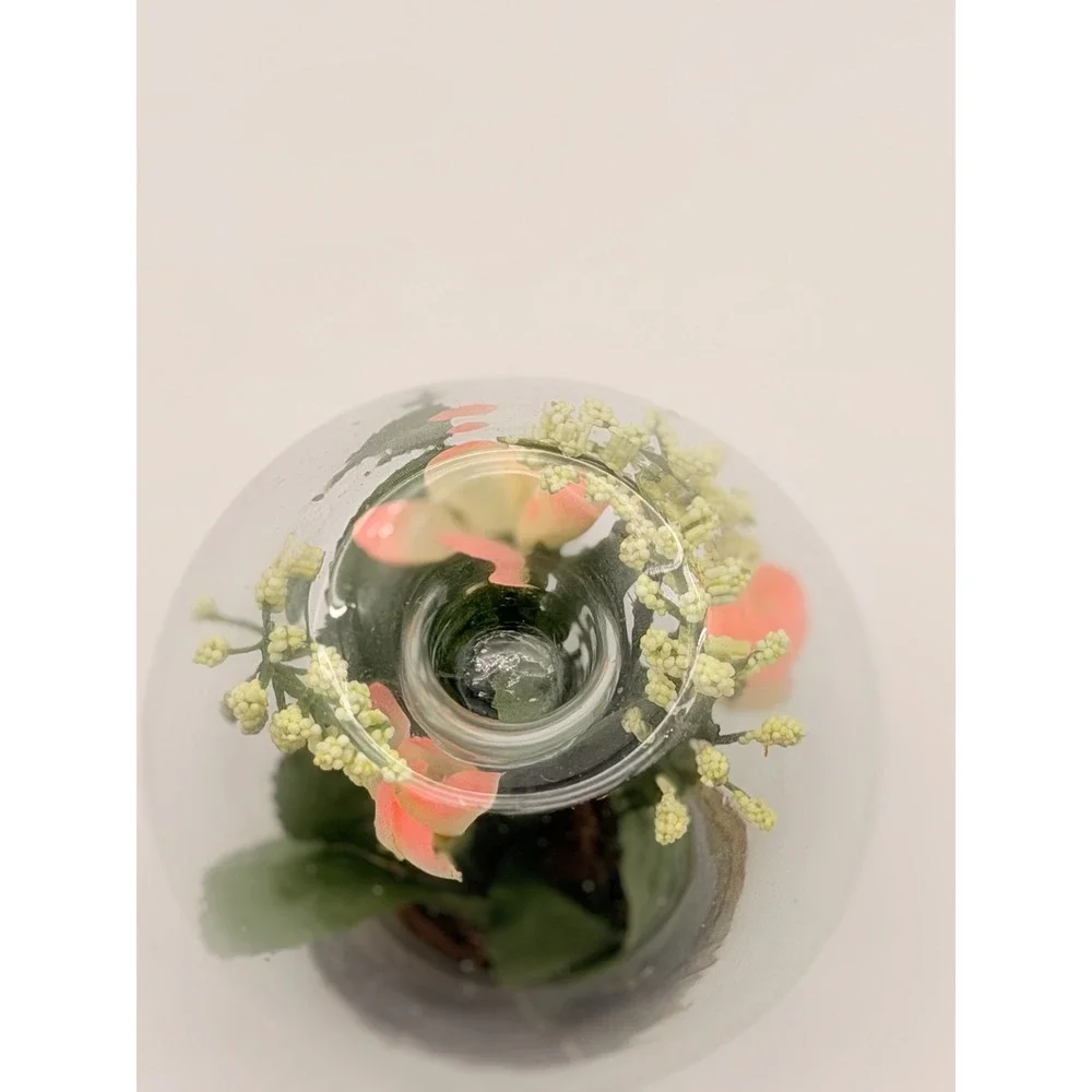 Vintage Glass Terrarium Votive Candle Holder Faux Pink Flowers Metal Base Orb